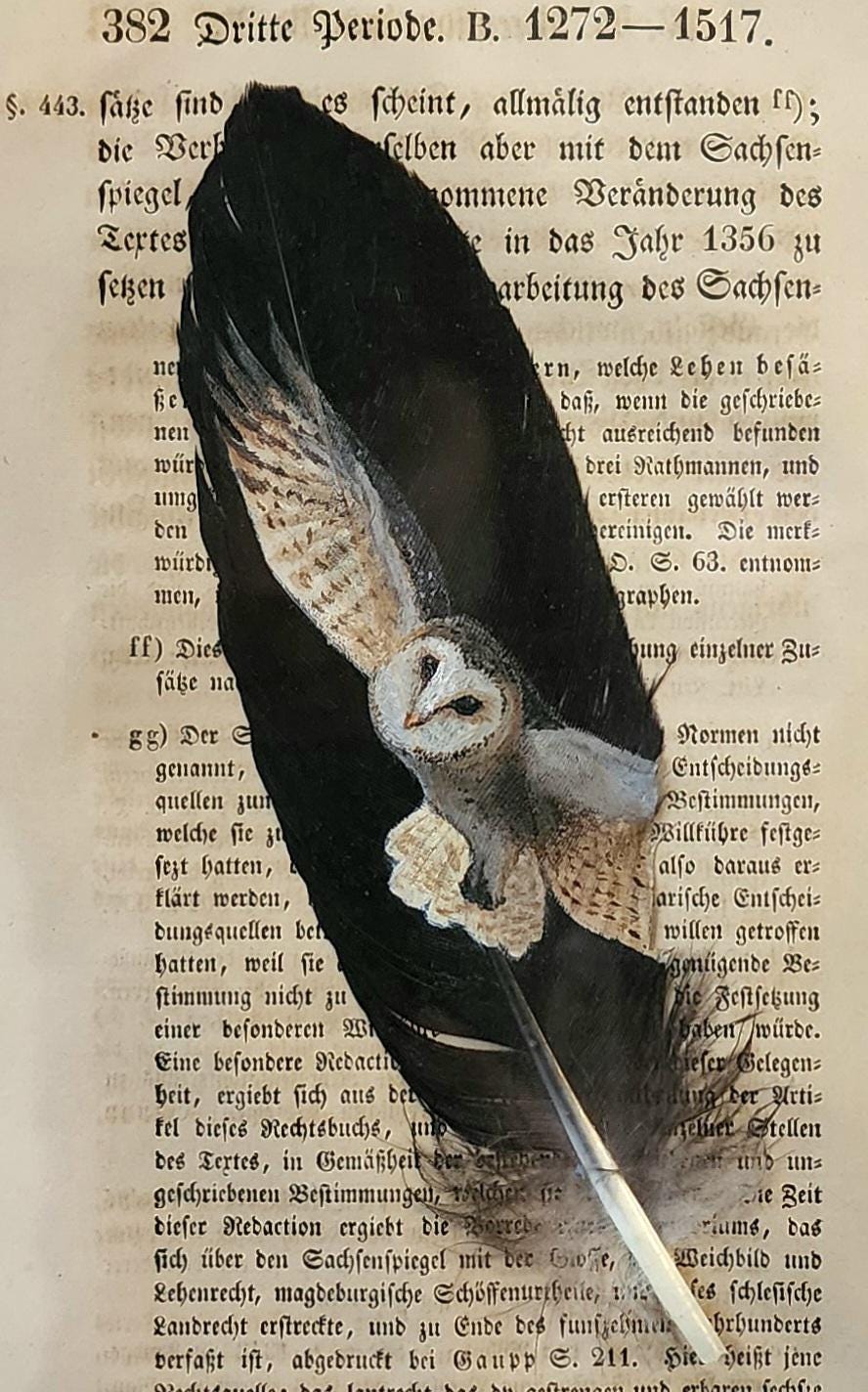 Barn Owl in Flight Hand-Painted on Feather